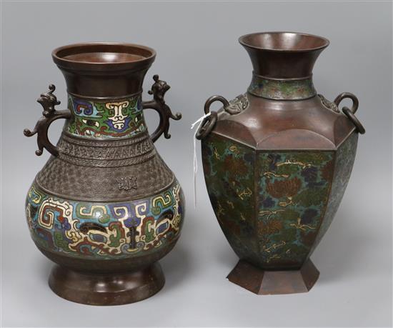 Two Japanese champleve enamel and bronze vases tallest 30.5cm